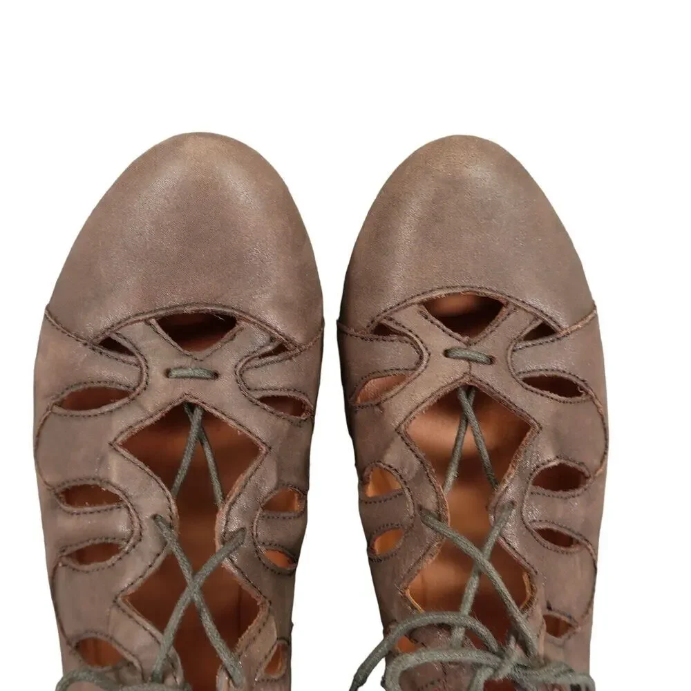 Gentle Souls Shoes Womens 8 Wedge Sandal Lace Up Comfort Classic Leather Brown